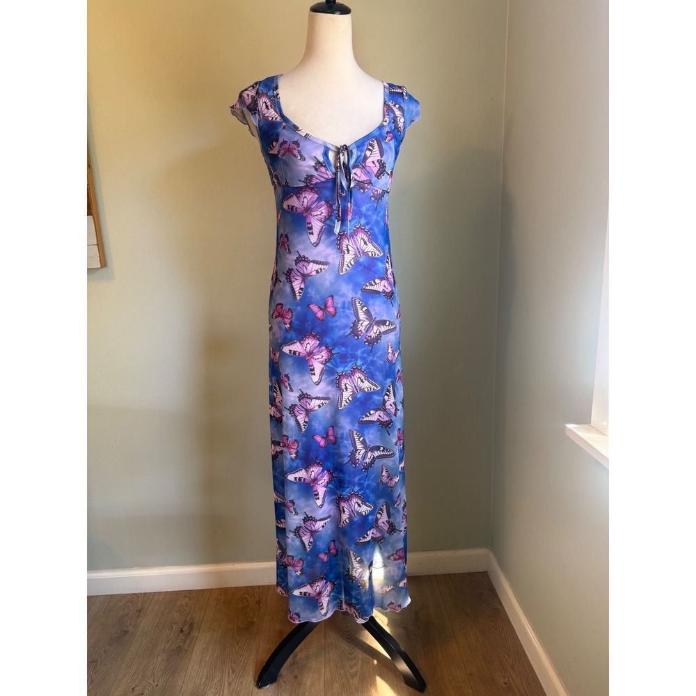 Sweet Society Hot Topic Butterfly Mesh Maxi Dress Blue Pink Y2K Small NWT Fairy
